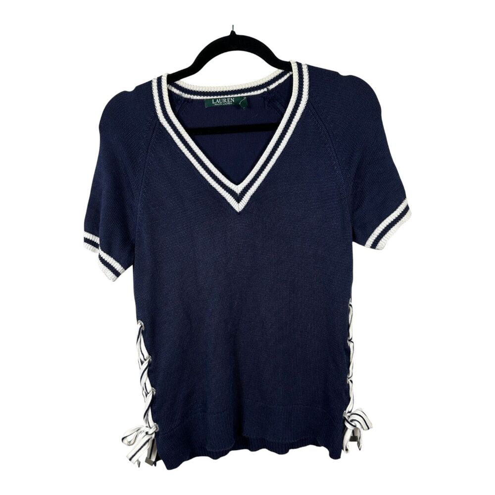 Lauren Ralph Lauren Blue Nautical Lace Up Knit Short Sleeve Shirt Women's Medium